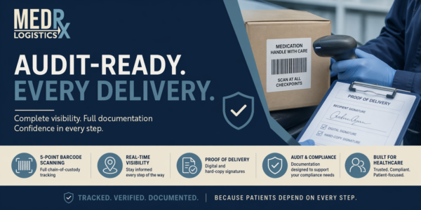 In healthcare logistics, it’s not just about delivery speed, it’s about accuracy, accountability, and compliance. From regulatory requirements to patient safety, healthcare providers need more than a courier. They need a logistics partner that delivers complete visibility and audit-ready documentation at every stage. At MedRX Logistics, audit support isn’t an add-on. It’s built into every delivery.