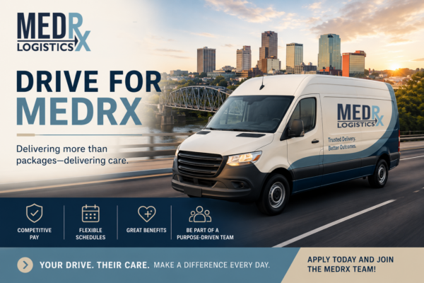 MedRx Logistics delivery van driving through Little Rock Arkansas promoting driver jobs with competitive pay flexible schedules and healthcare logistics careers