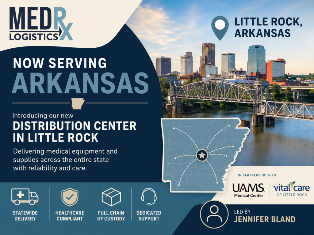 MedRx Logistics distribution center in Little Rock Arkansas supporting statewide healthcare delivery of medical equipment and supplies