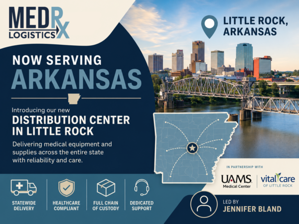 MedRx Logistics distribution center in Little Rock Arkansas supporting statewide healthcare delivery of medical equipment and supplies
