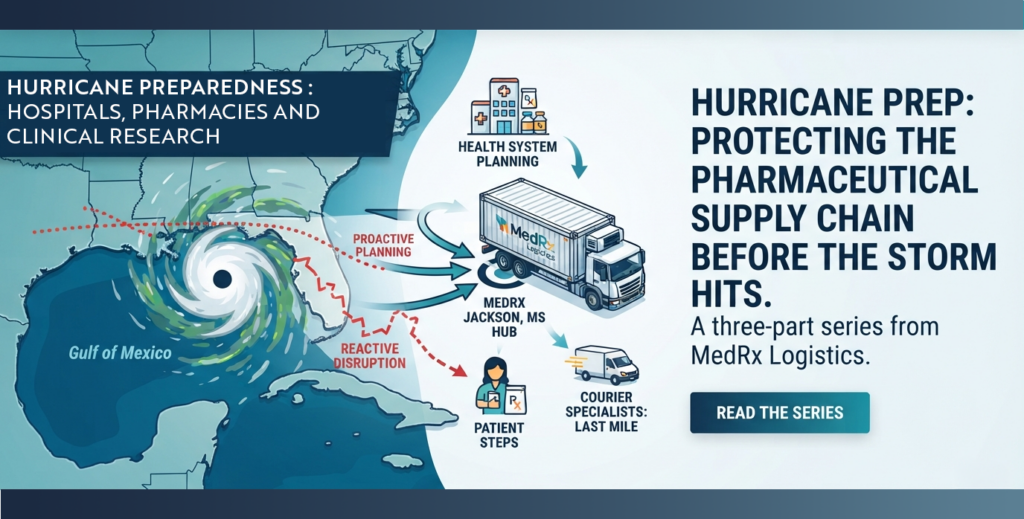 A commercial delivery vehicle navigating flooded streets near a hospital during hurricane season, representing healthcare logistics emergency planning.