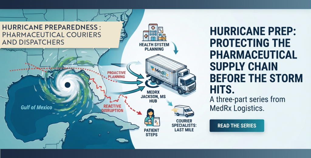 Pharmaceutical delivery courier reviewing storm route map with dispatcher, hurricane preparedness protocol