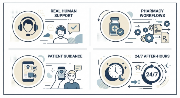 Four-quadrant infographic illustrating pharmacy delivery support benefits using a blue and cream color scheme: Real Human Support with a headset icon, Pharmacy Workflows with a prescription medication bottle, Patient Guidance with a delivery tracking phone app, and 24/7 After-Hours availability with a clock icon.